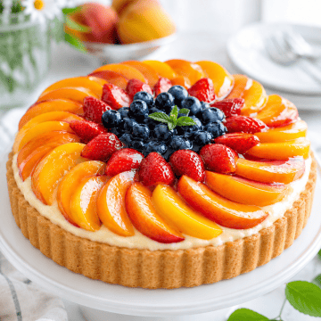 German Obsttorte - Colorful fruit tart with strawberries, blueberries, peaches, and a mint garnish.